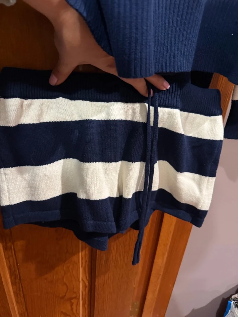 Edikted Navy and White Wide-Stripe Crewneck Sweater and shorts - Picture 3 of 3